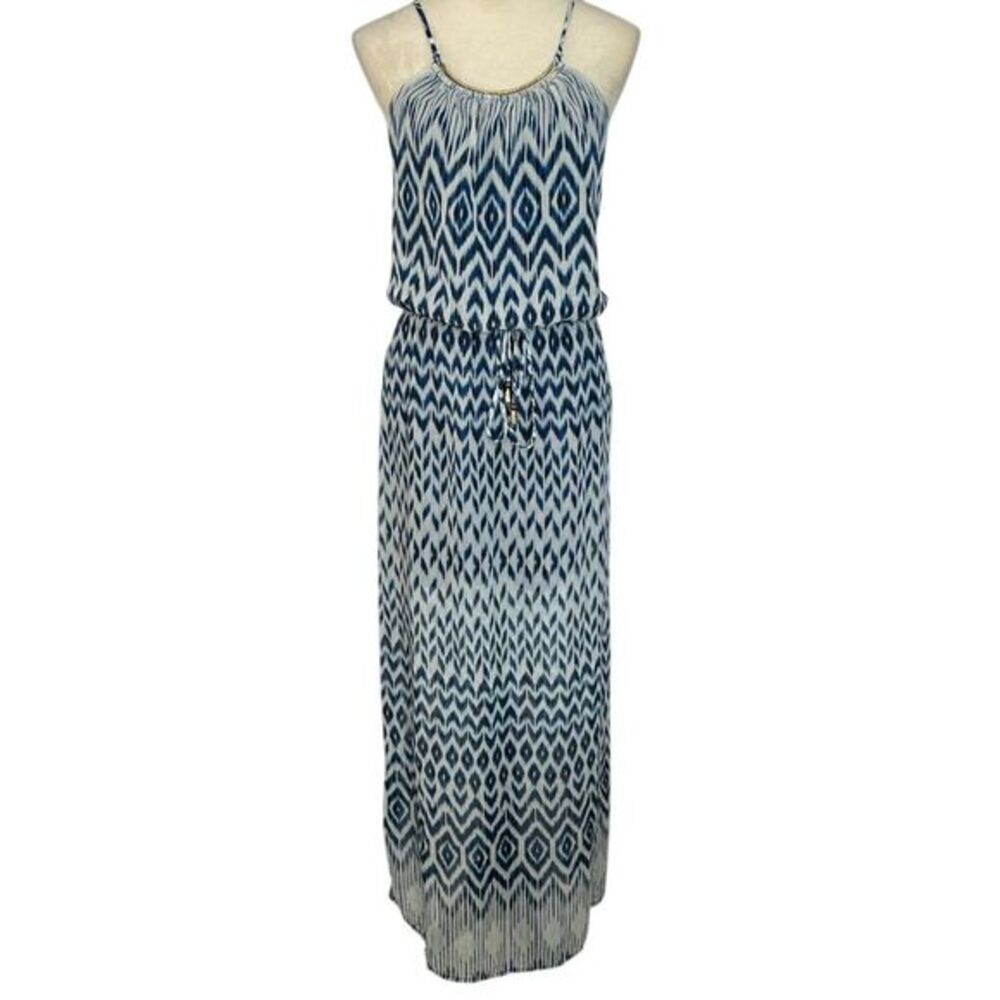City Triangles Navy Blue Ikat Print Maxi Dress Boho Summer Beach Vacation Medium